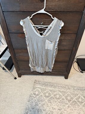 Three Bird Nest Gray Ruffle Sleeve Tank with Crisscross Back